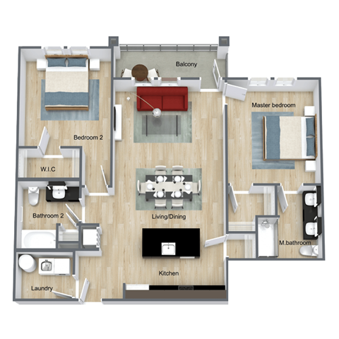 Floor plan for 2 beds, 2 baths, 1252 sqft